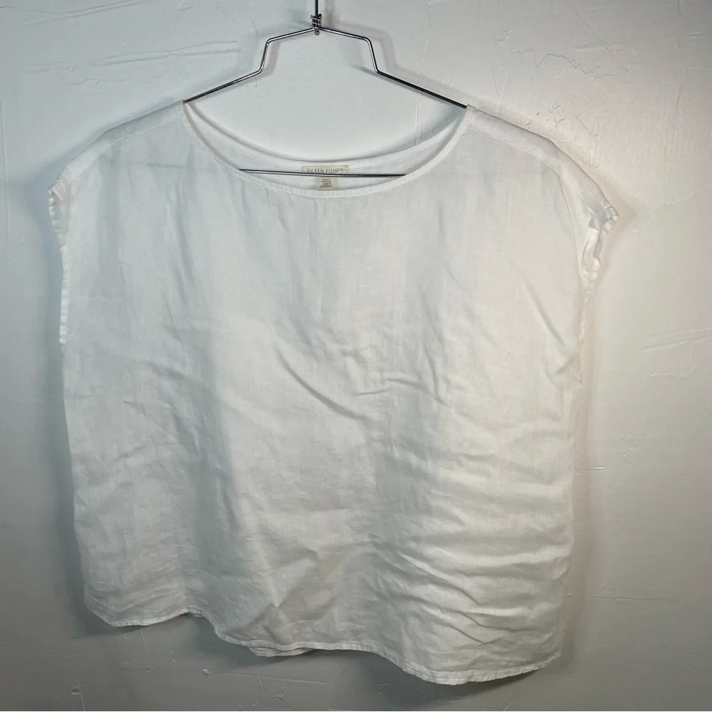 Eileen Fisher White Linen Boxy Oversized Cap sleeved Top - Picture 3 of 7